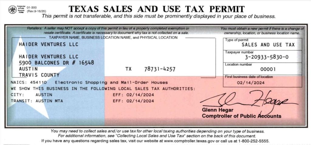 TEXAS SALES AND USE TAX PERMIT